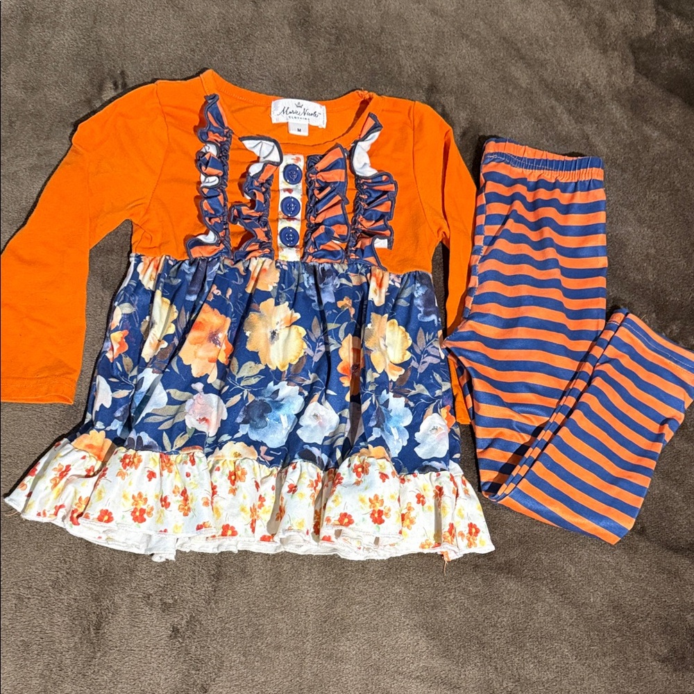 Girls Orange and Navy Floral Matching Set - Long Sleeve Top & Striped Leggings